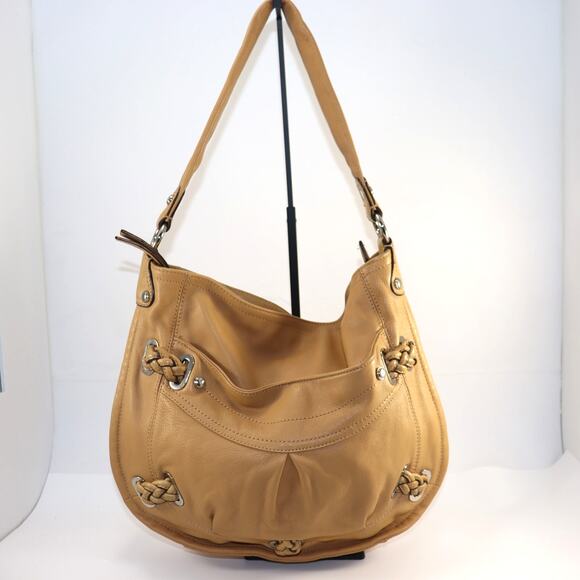 B. Makowsky Tan Leather Hobo Bag – Braided Detail, Leopard Lining - Picture 1 of 7